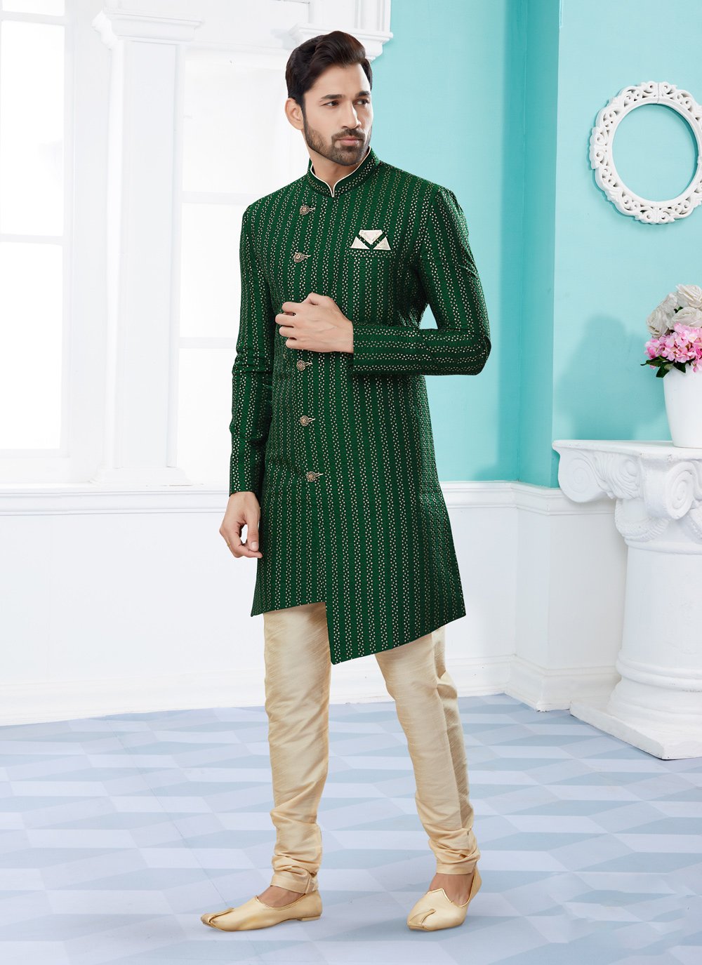 Indo Western Sherwani Jacquard Green Thread Mens