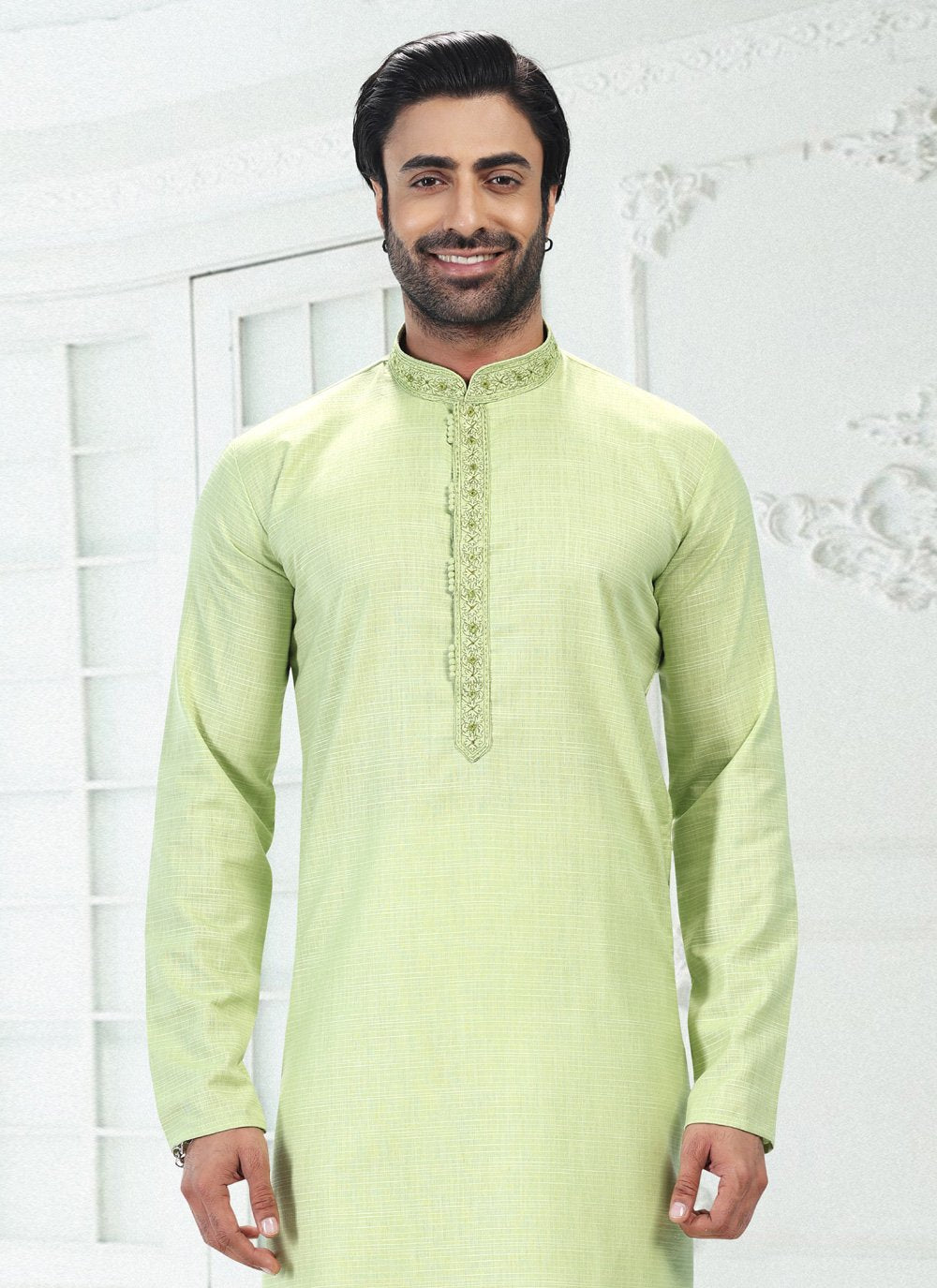 Kurta Pyjama Cotton Linen Green Thread Mens