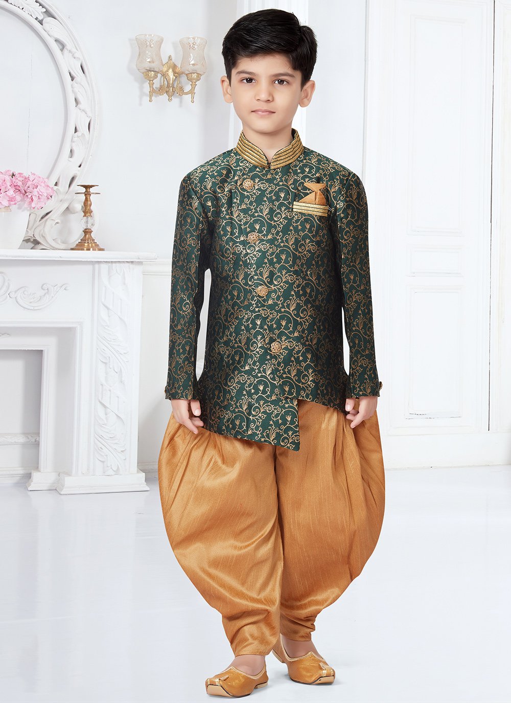 Indo Western Sherwani Banarasi Jacquard Green Lace Kids