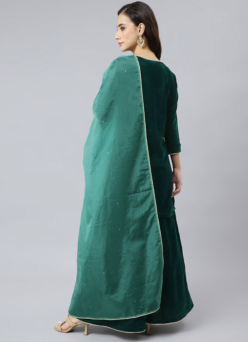 Palazzo Salwar Suit Velvet Green Embroidered Salwar Kameez