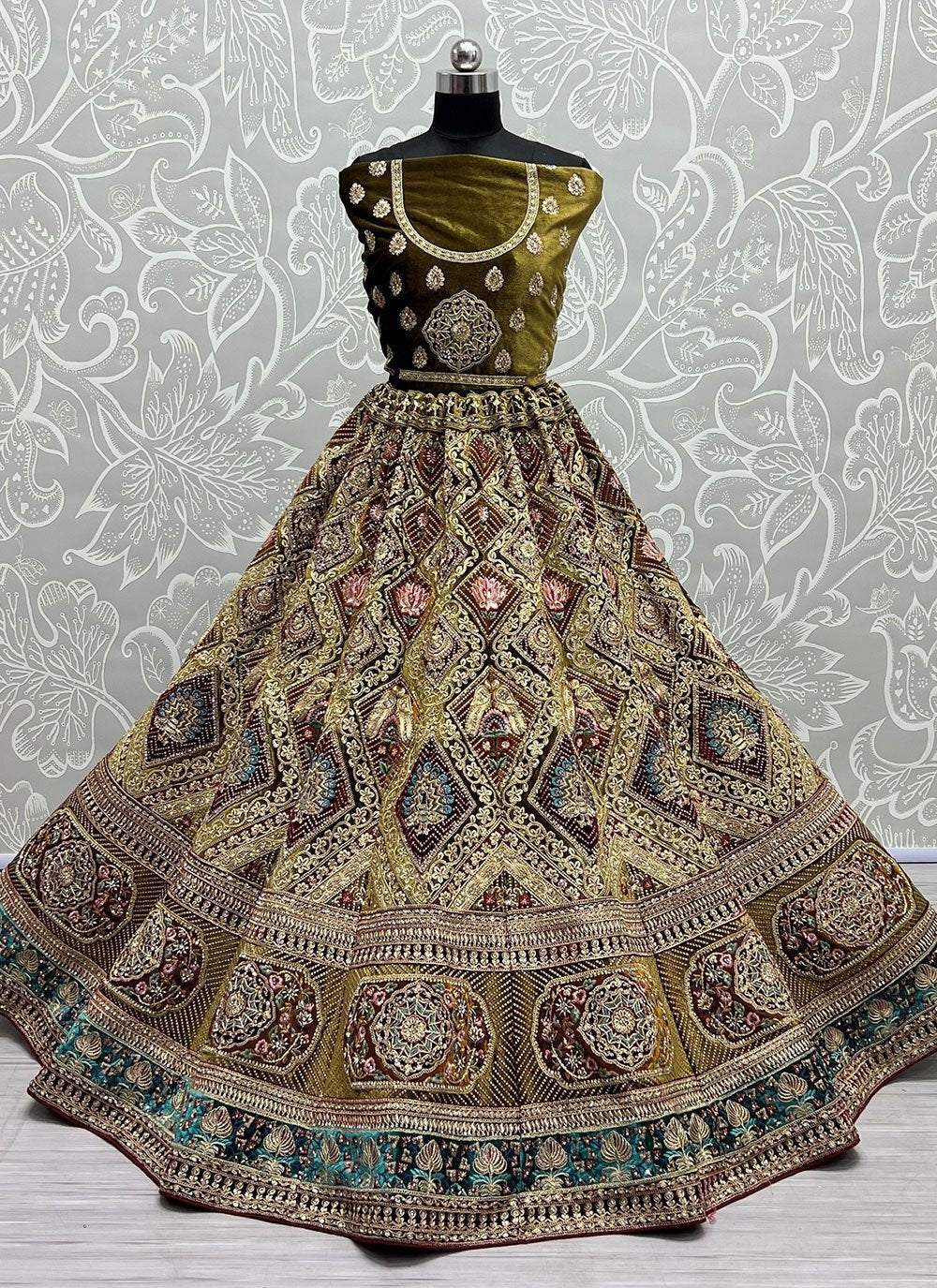 Lehenga Choli Velvet Green Diamond Lehenga Choli