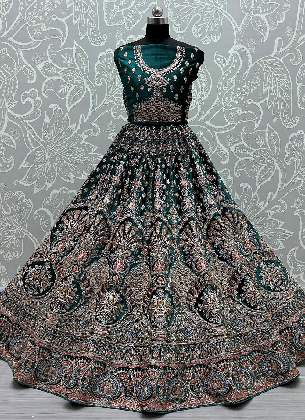 Lehenga Choli Velvet Green Embroidered Lehenga Choli