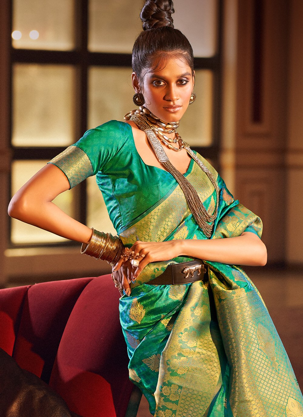 Contemporary Handloom Silk Green Weaving Saree