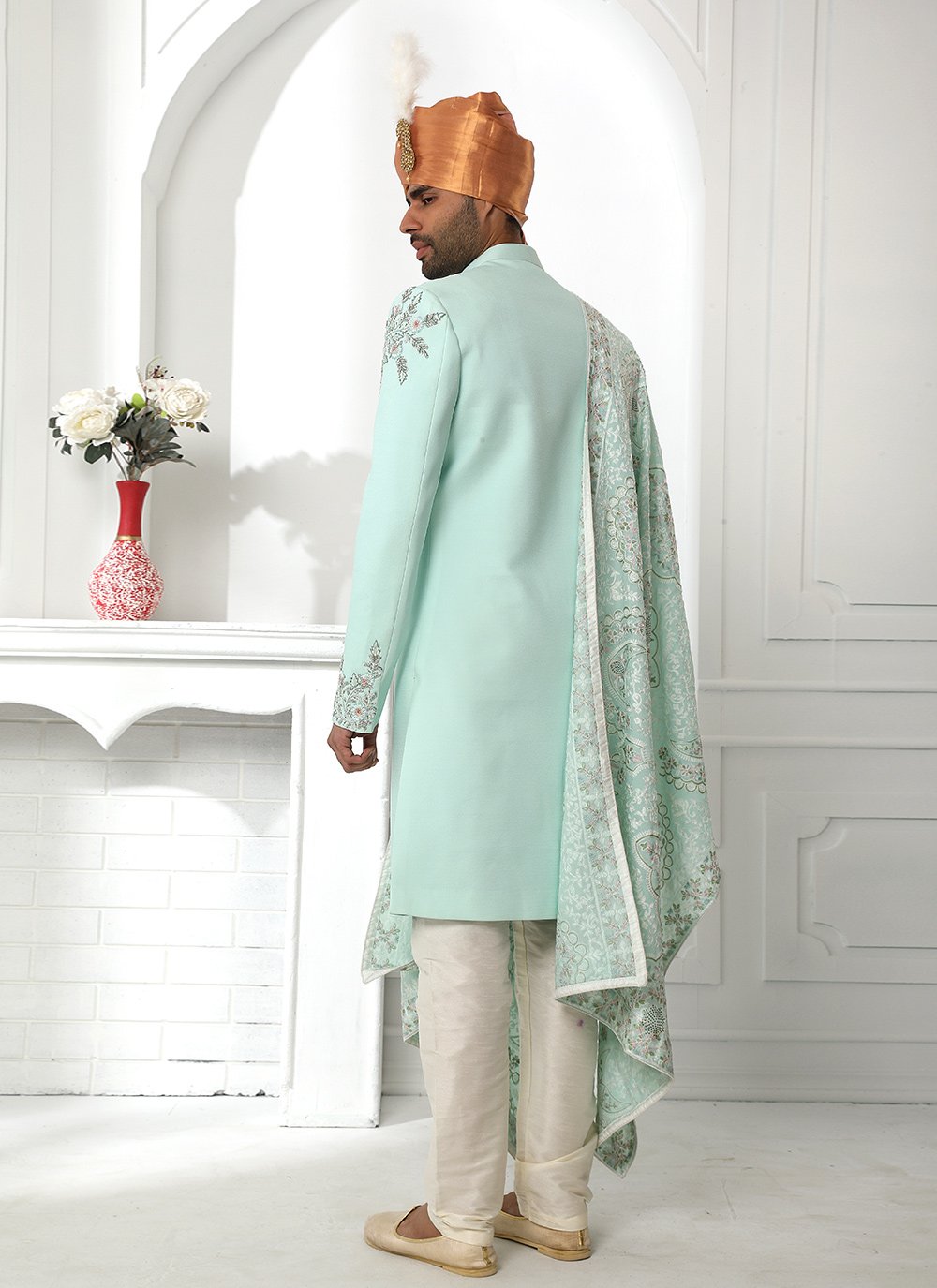 Sherwani Art Silk Green Embroidered Mens