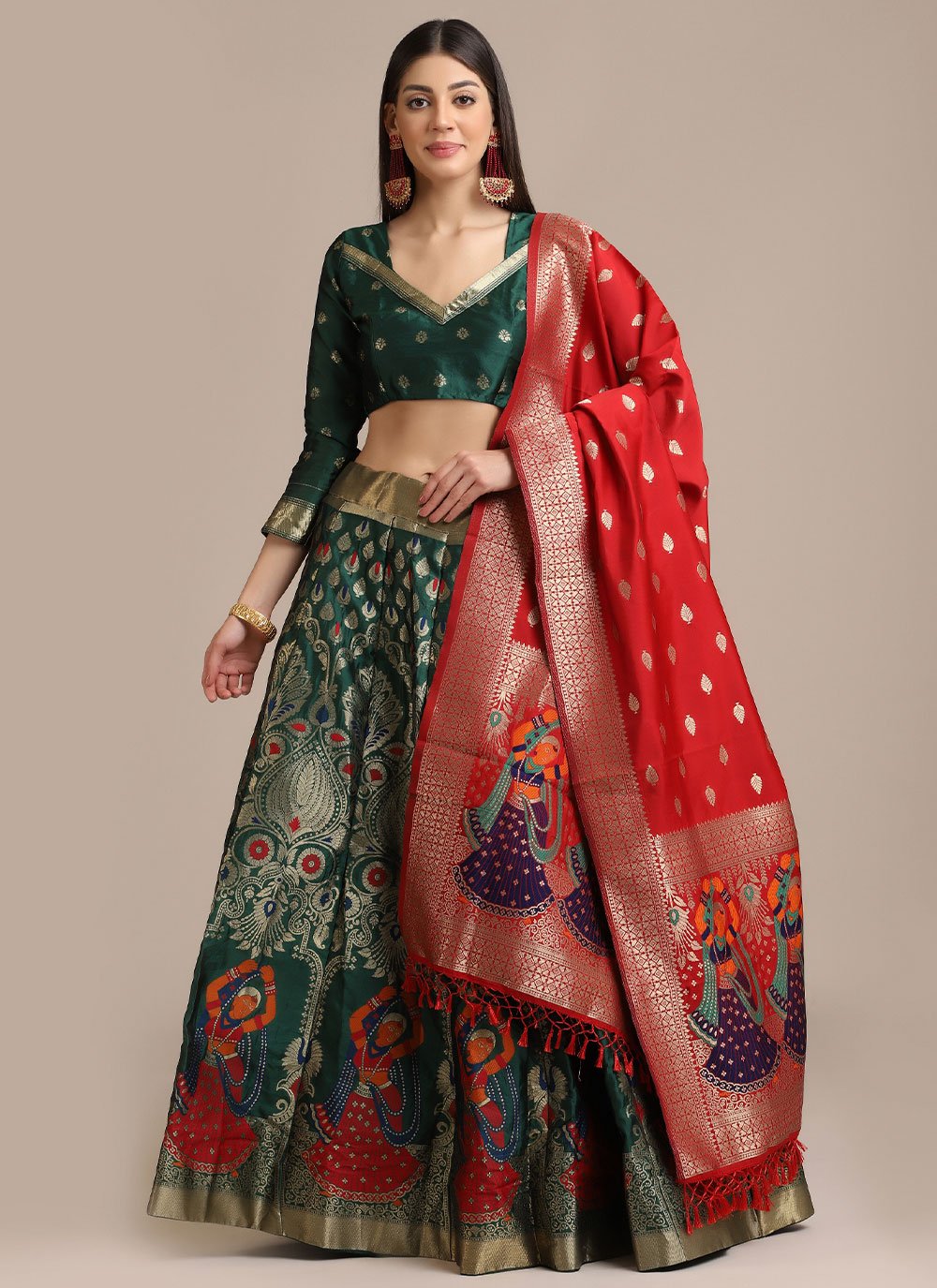 Lehenga Choli Jacquard Green Woven Lehenga Choli