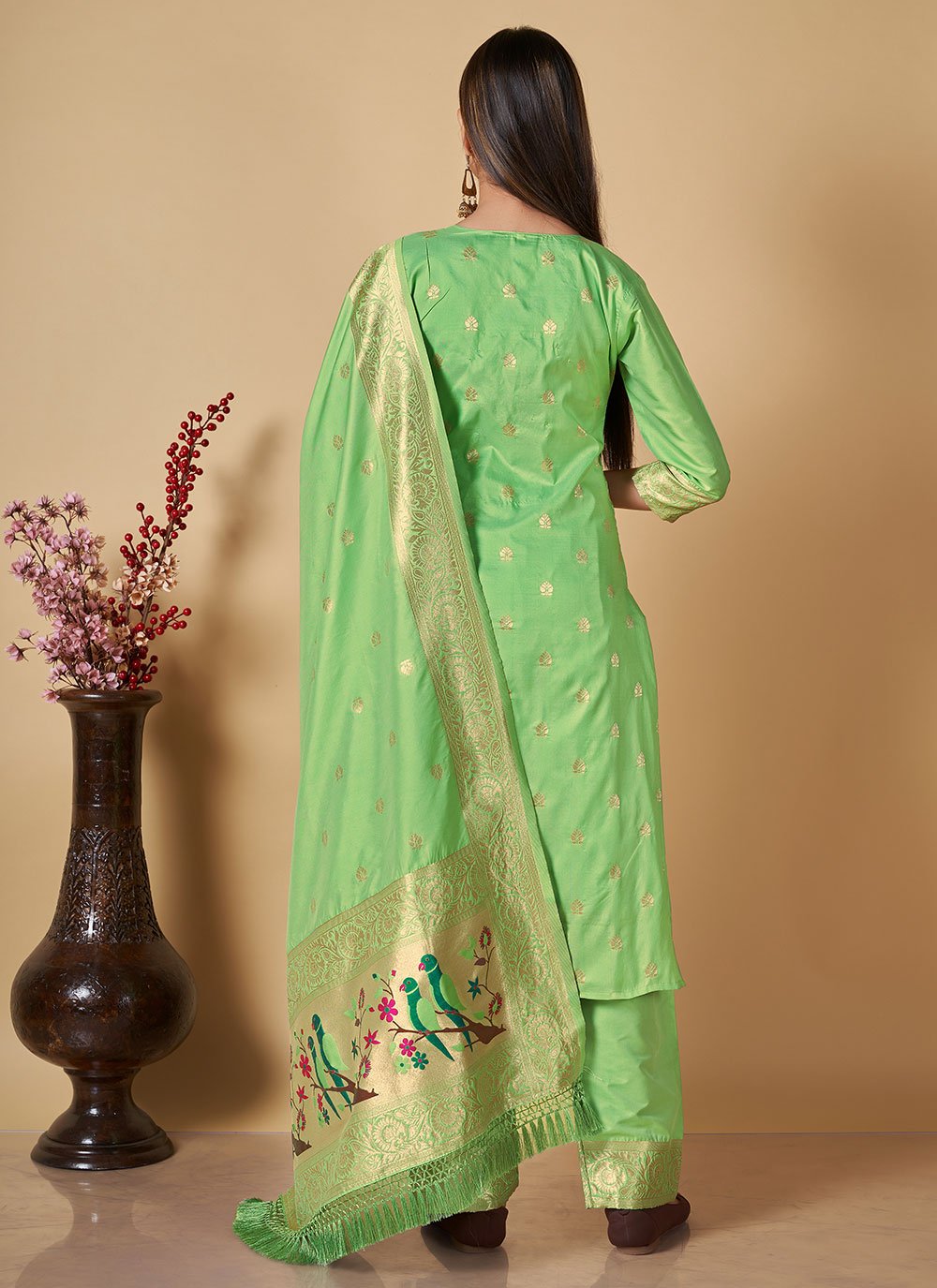 Floor Lenght Salwar Suit Banarasi Silk Green Woven Salwar Kameez