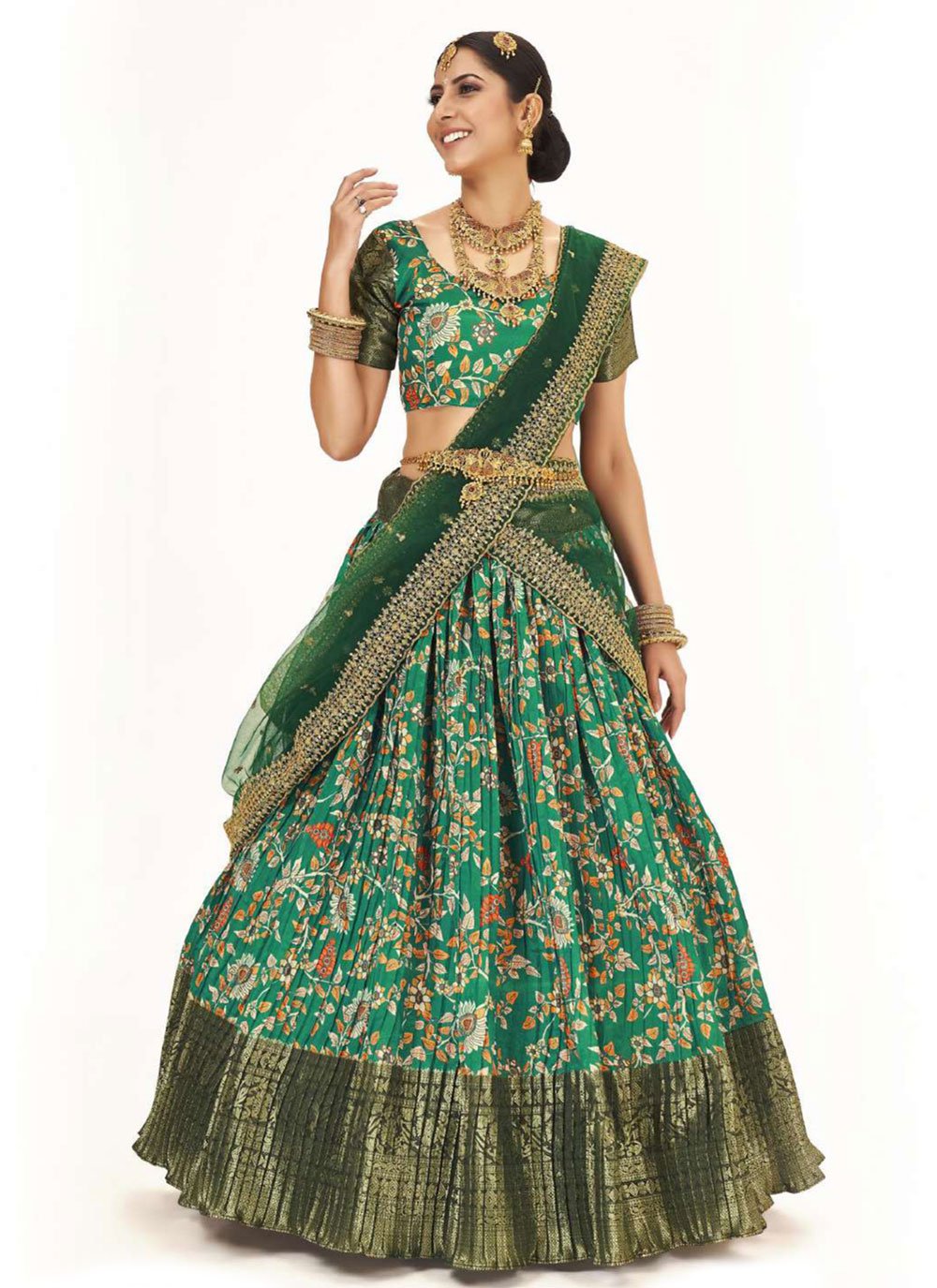 Lehenga Choli Silk Green Digital Print Lehenga Choli