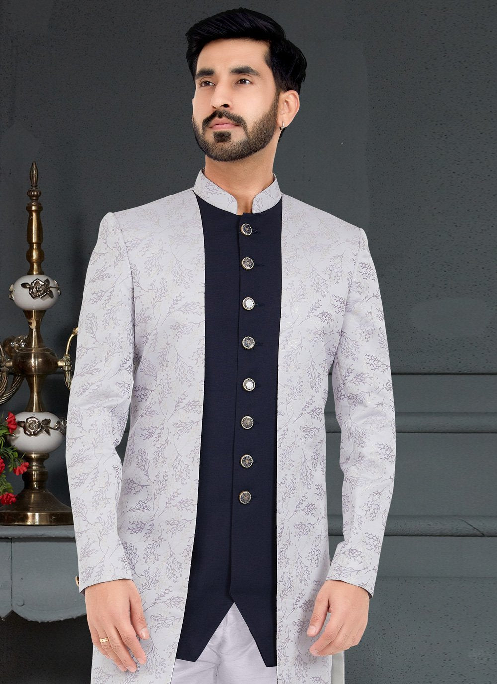 Indo Western Jacquard Blue Grey Weaving Mens