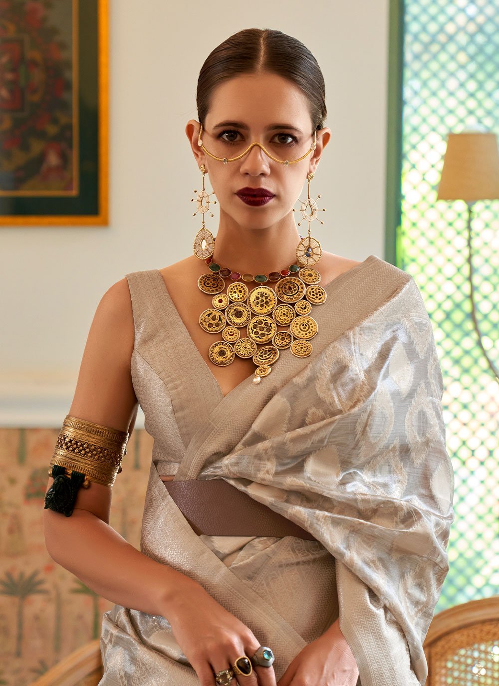 Trendy Saree Handloom Silk Tissue Grey Off White Multi Saree