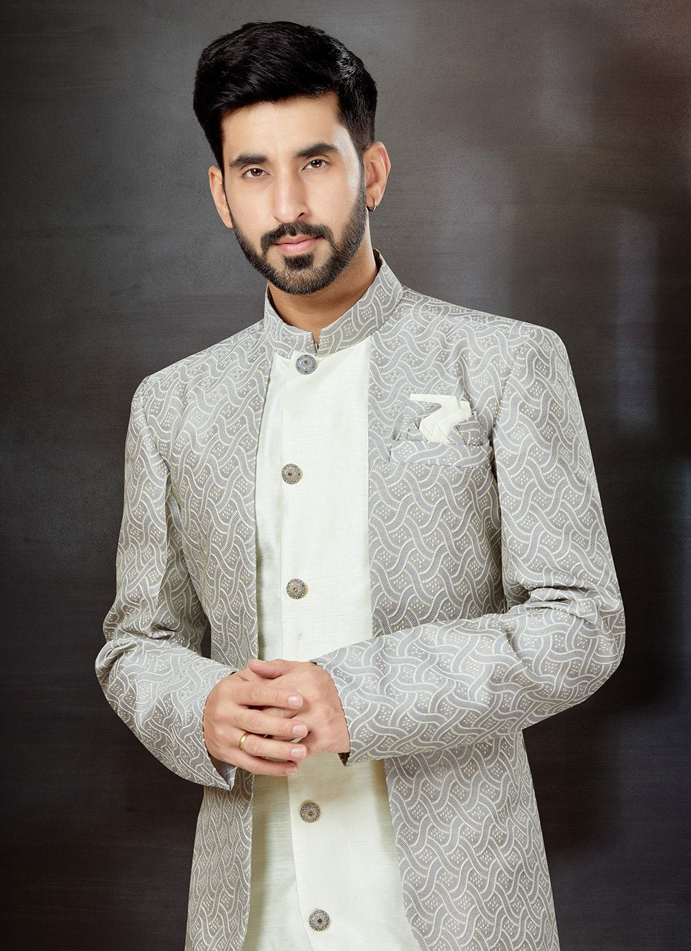 Indo Western Sherwani Dupion Silk Jacquard Grey Off White Embroidered Mens