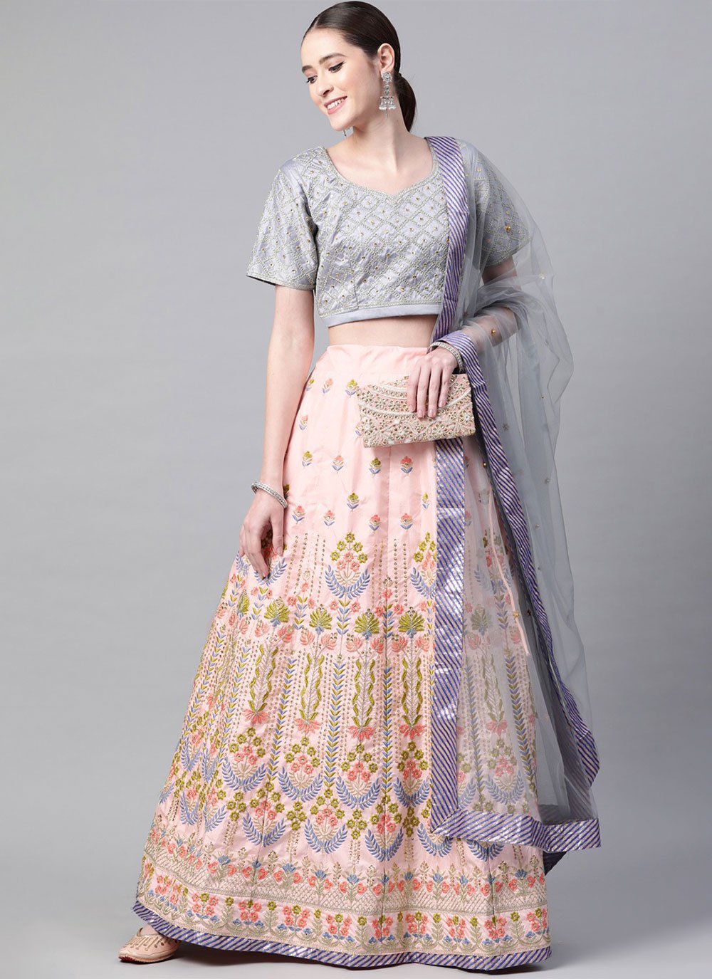 A Line Lehenga Satin Silk Grey Peach Embroidered Lehenga Choli