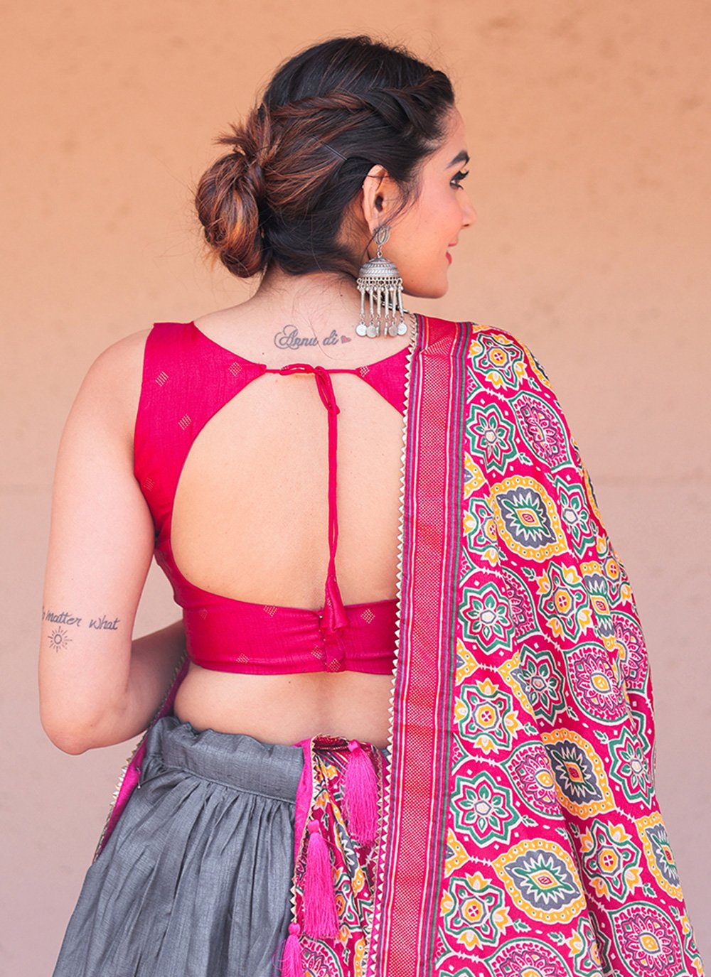 A Line Lehenga Silk Grey Pink Foil Print Lehenga Choli