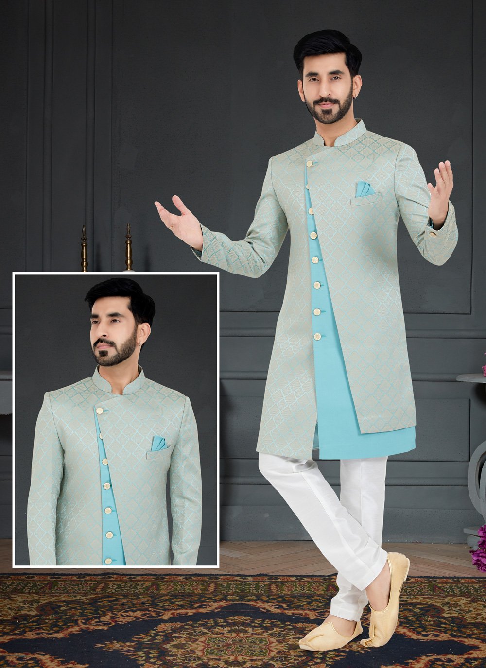 Indo Western Jacquard Grey Turquoise Weaving Mens