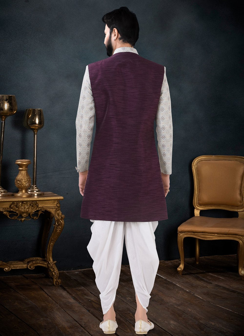 Indo Western Sherwani Jacquard Silk Grey Wine Embroidered Mens