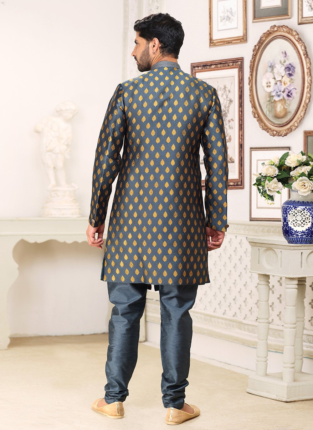 Indo Western Banarasi Jacquard Grey Fancy Work Mens