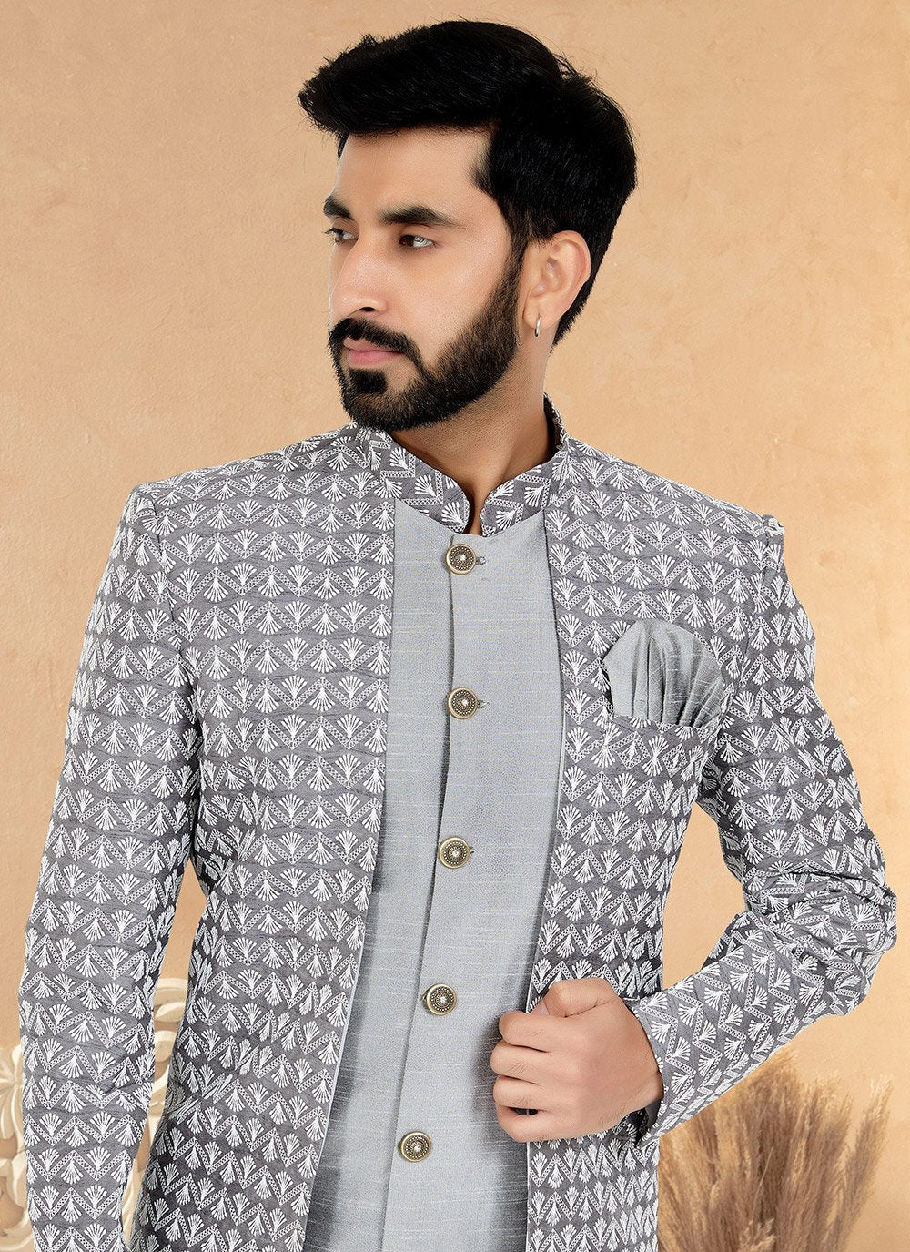 Indo Western Banarasi Silk Grey Embroidered Mens