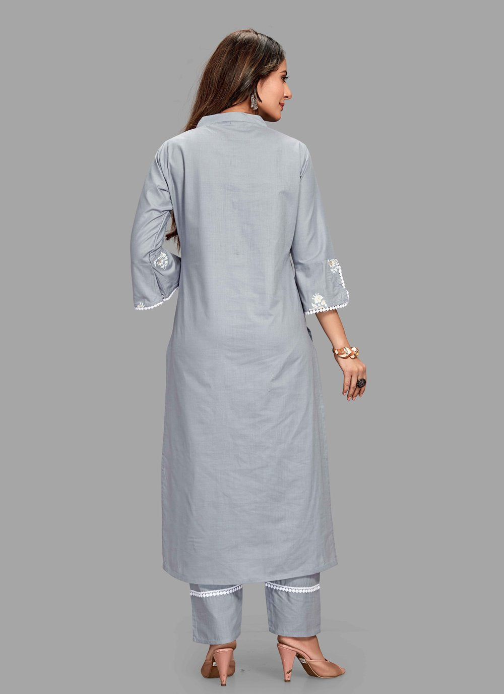 Pant Style Suit Blended Cotton Grey Block Print Salwar Kameez