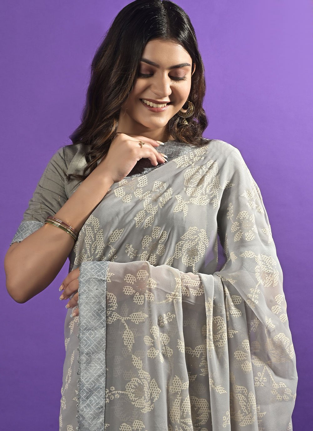 Contemporary Georgette Grey Patch Border Saree