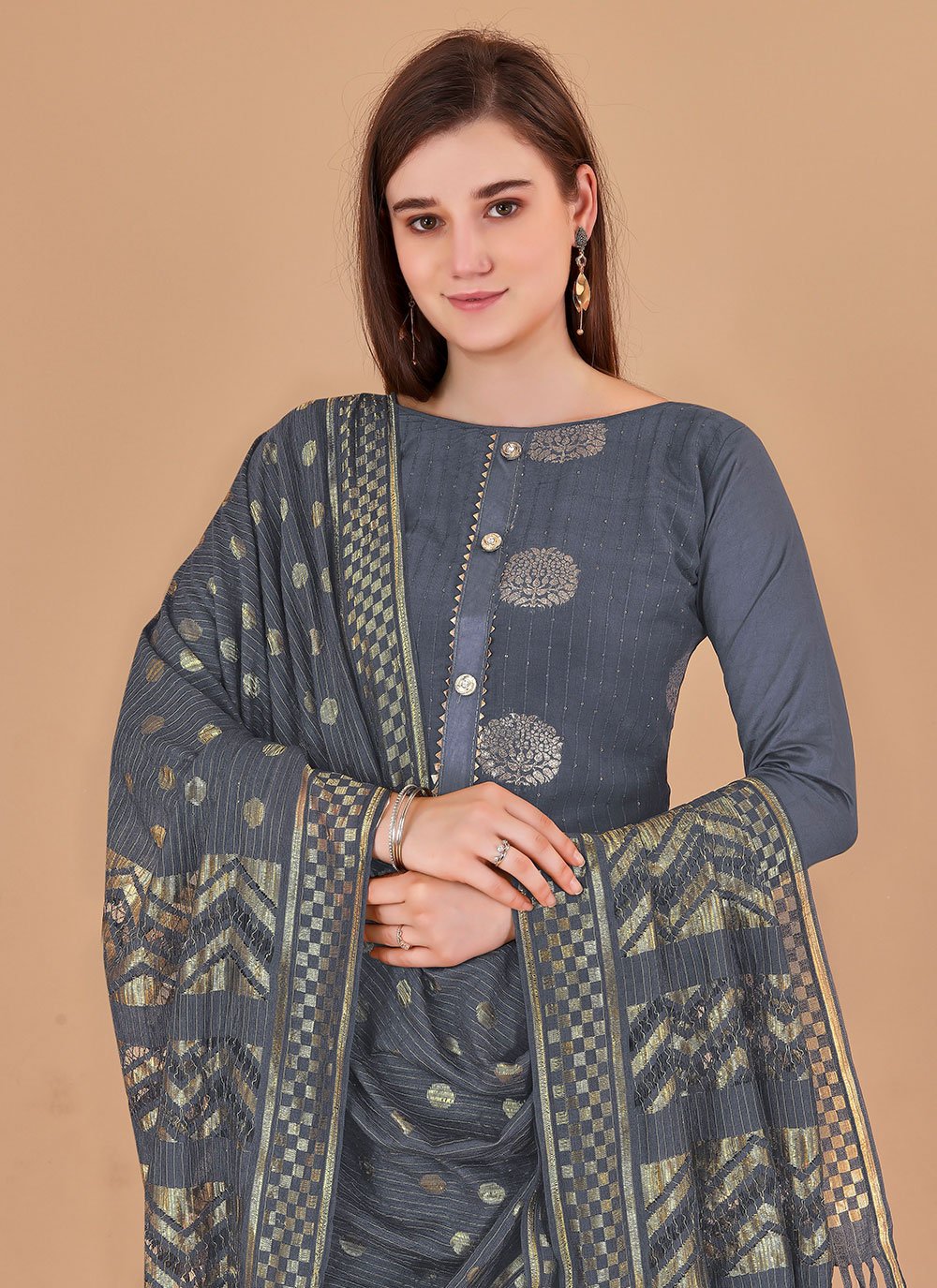 Salwar Suit Banarasi Silk Grey Booti Salwar Kameez