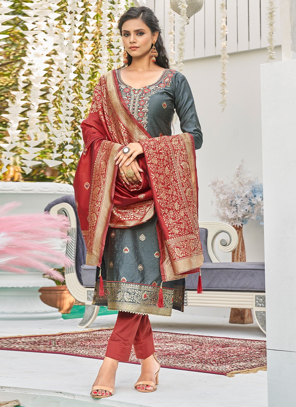 Straight Salwar Suit Banarasi Silk Grey Woven Salwar Kameez