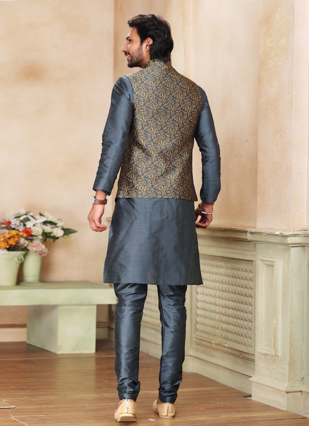 Kurta Payjama With Jacket Jacquard Silk Grey Fancy Work Mens