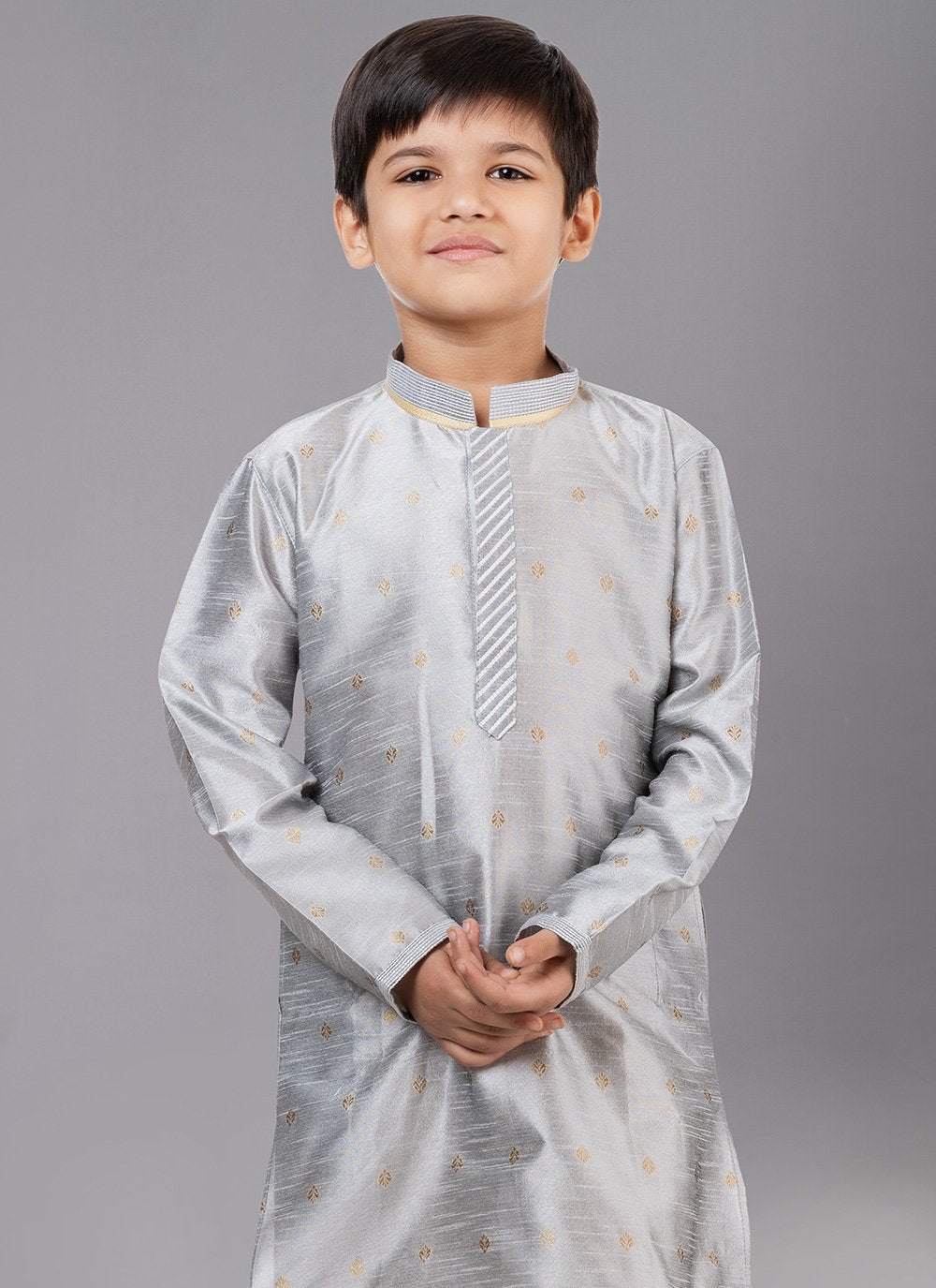 Kurta Pyjama Dupion Silk Jacquard Grey Fancy Work Kids