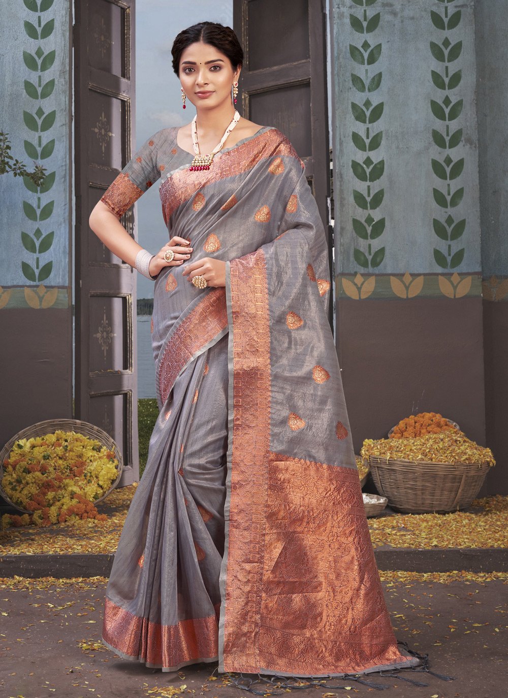 Classic Organza Grey Fancy Work Saree
