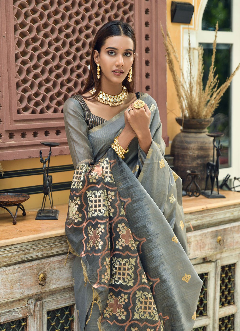 Classic Chanderi Silk Grey Weaving Saree