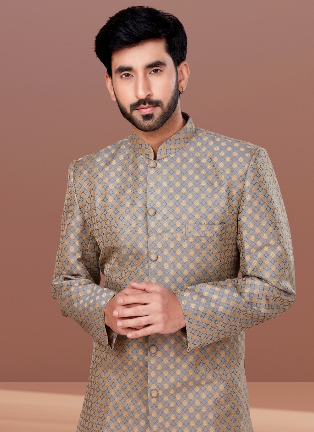 Indo Western Jacquard Grey Fancy Work Mens