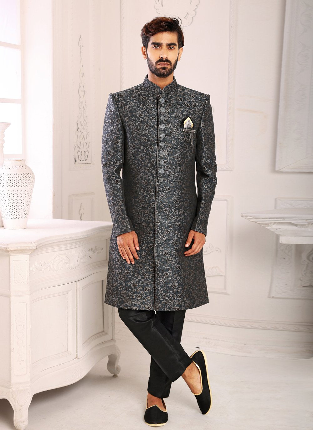 Indo Western Sherwani Imported Grey Jacquard Work Mens
