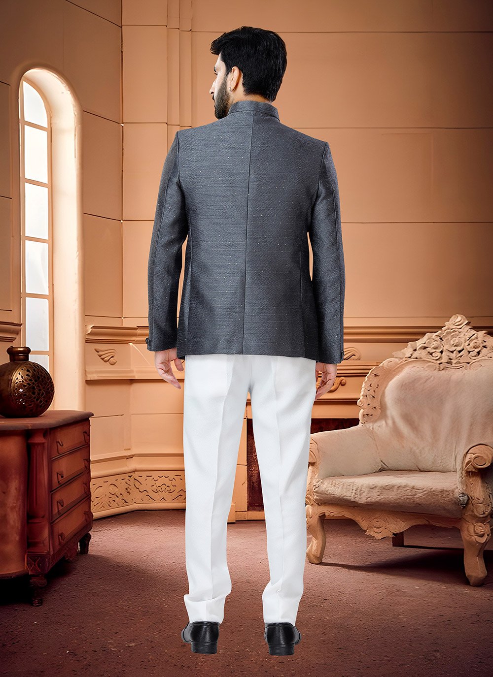 Jodhpuri Suit Jacquard Grey Buttons Mens