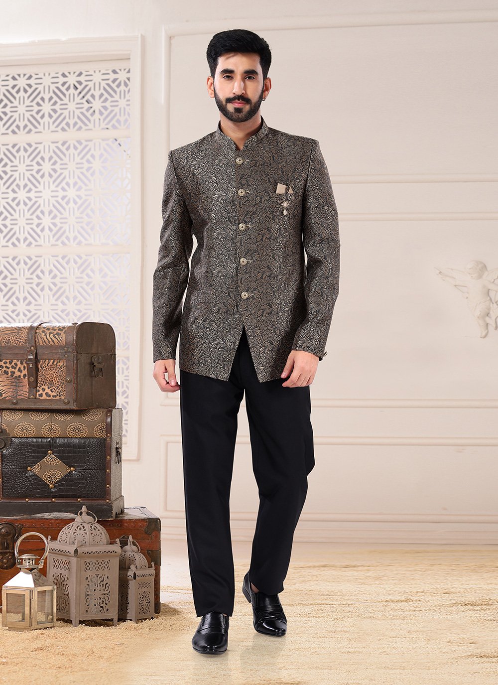 Jodhpuri Suit Jacquard Grey Embroidered Mens