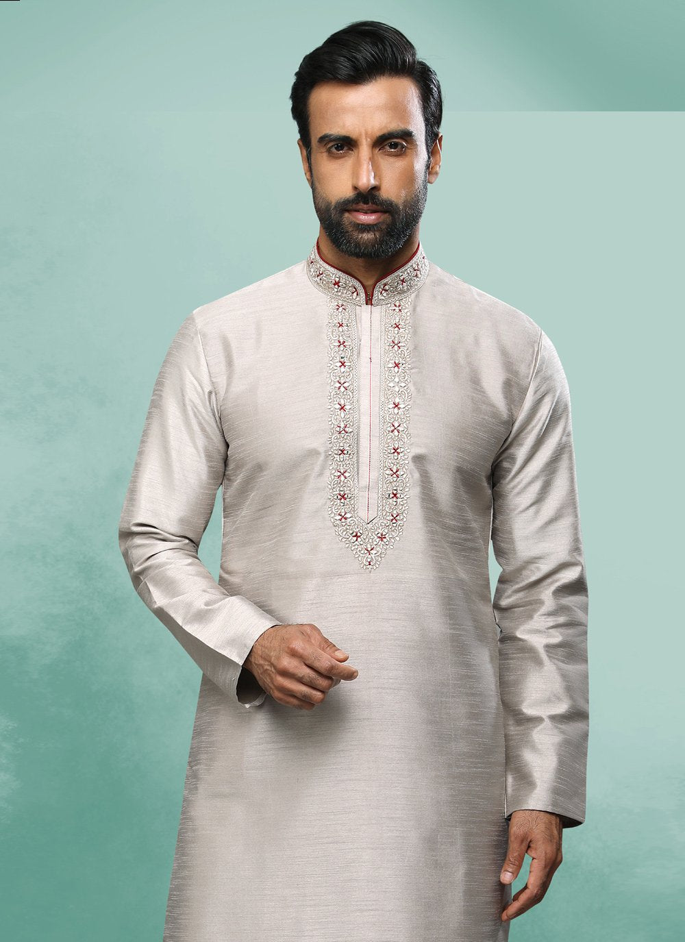 Kurta Pyjama Art Silk Grey Embroidered Mens