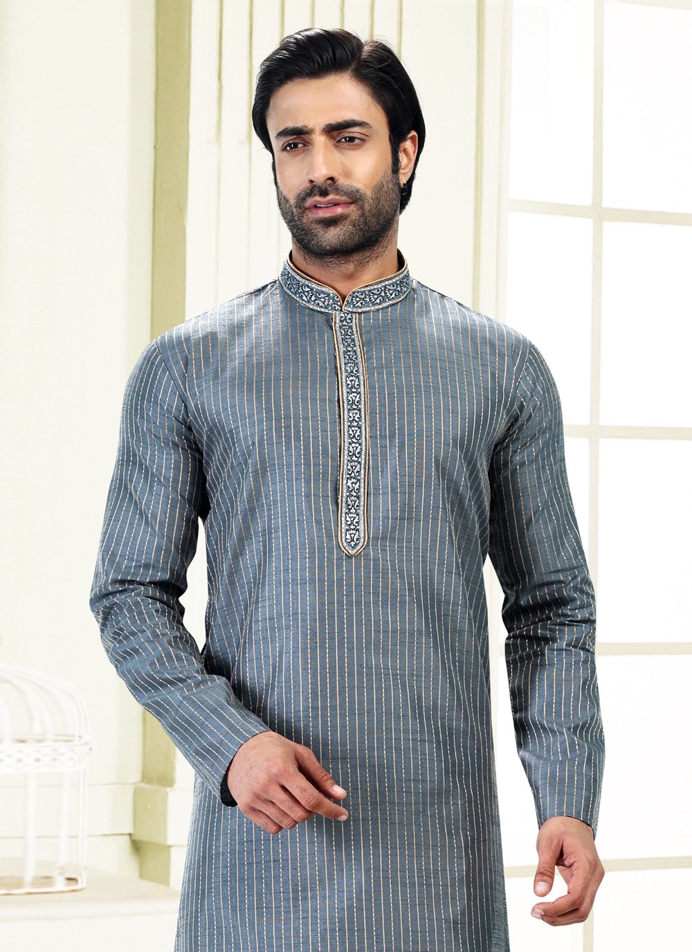 Kurta Pyjama Art Silk Jacquard Grey Fancy Work Mens
