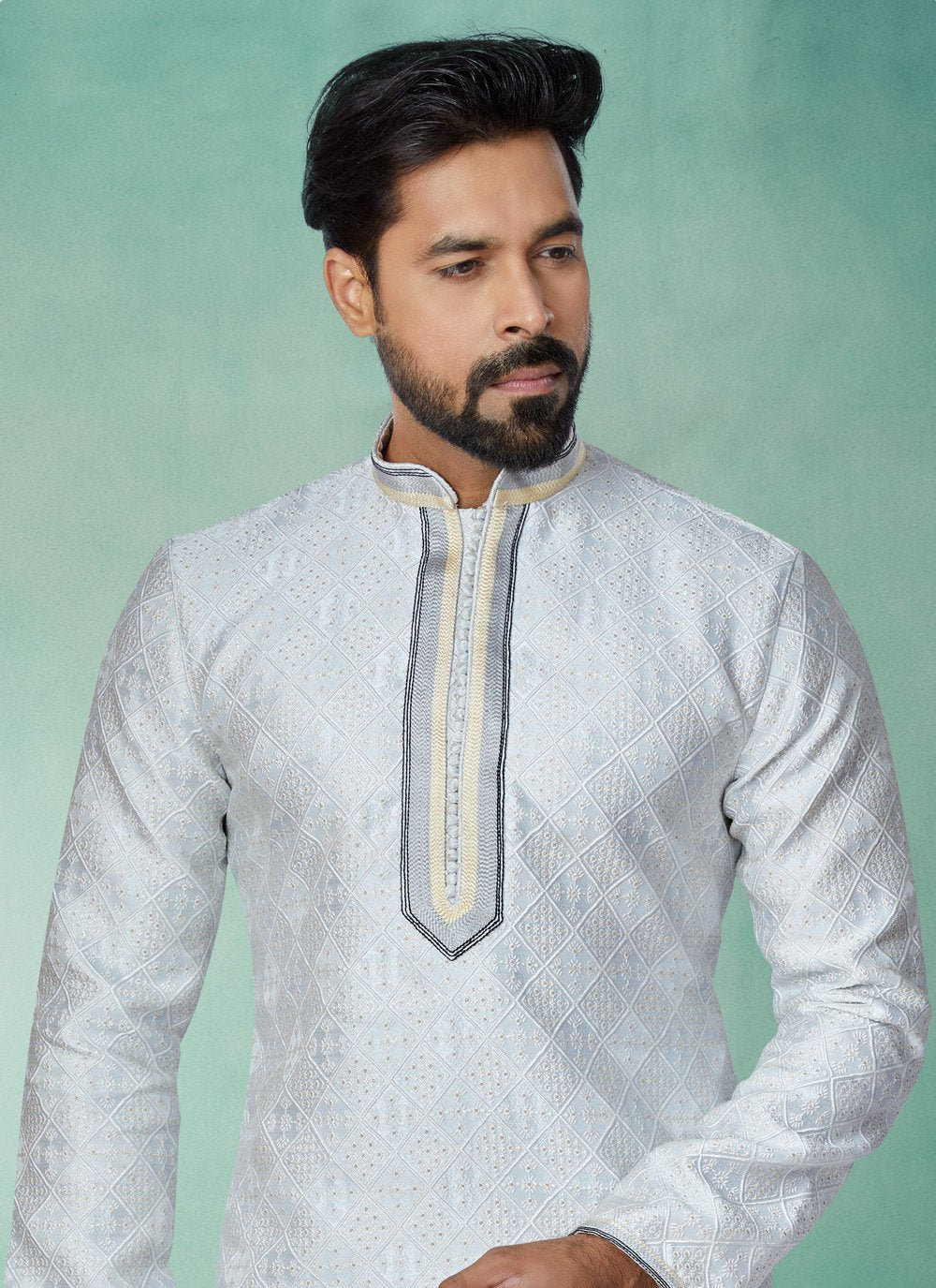 Kurta Pyjama Jacquard Silk Grey Jacquard Work Mens