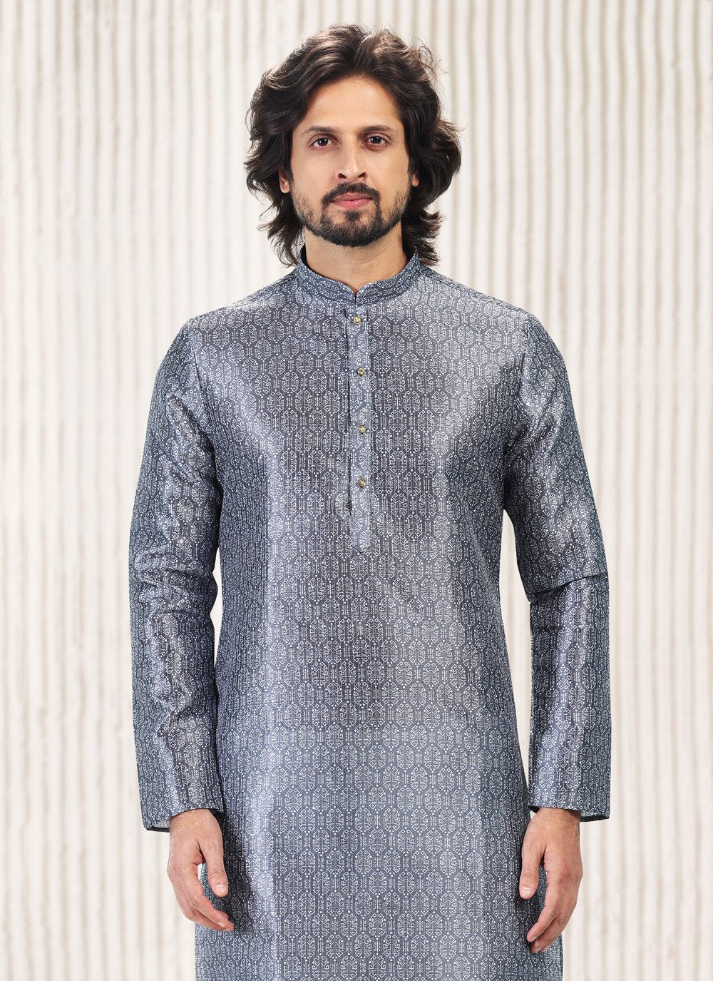 Kurta Pyjama Banarasi Jacquard Grey Fancy Work Mens