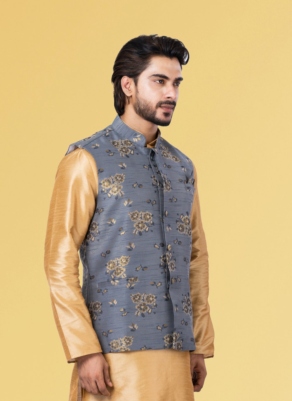Nehru Jackets Jacquard Silk Grey Embroidered Mens