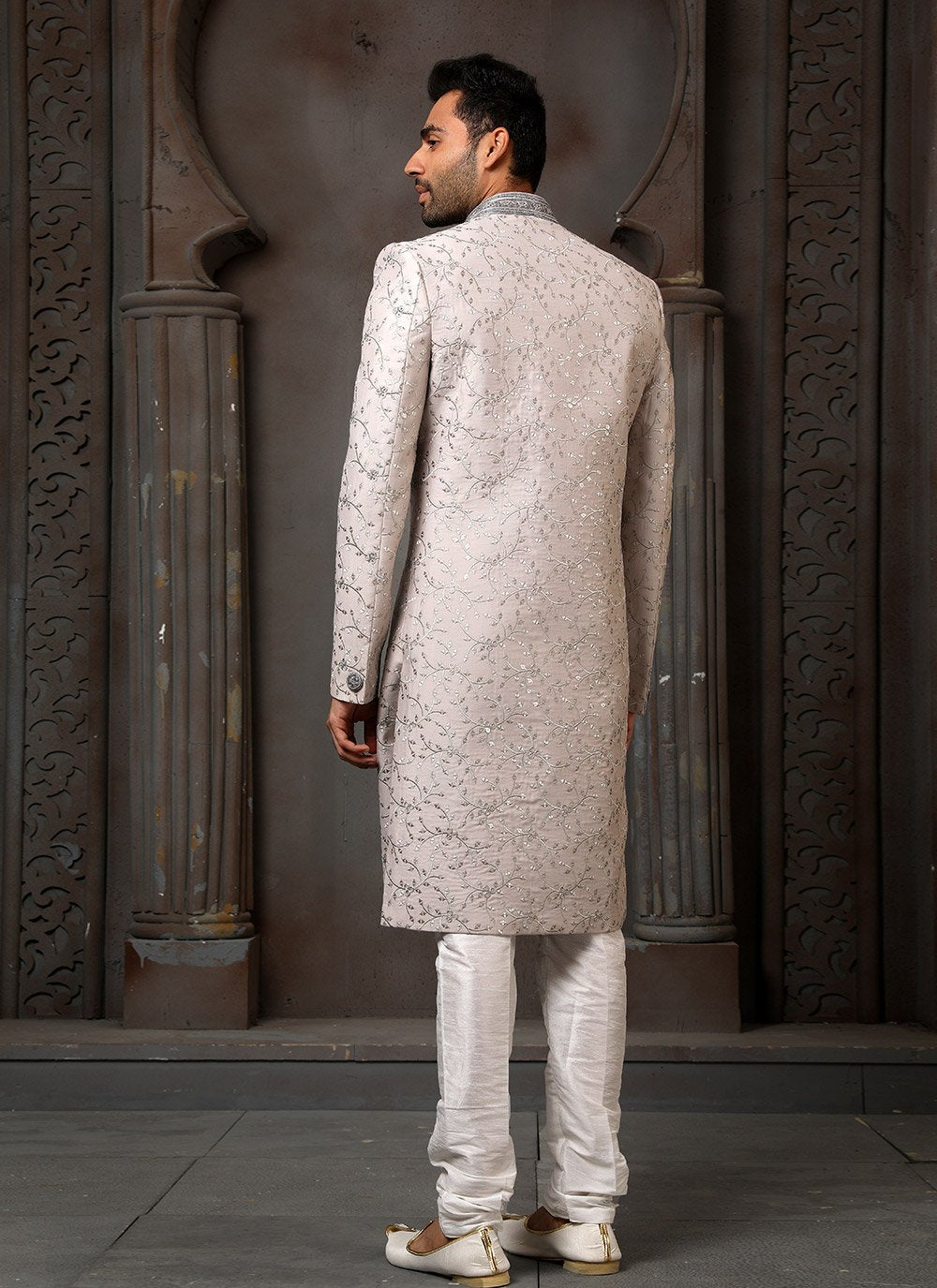 Sherwani Art Silk Grey Machine Embroidery Mens