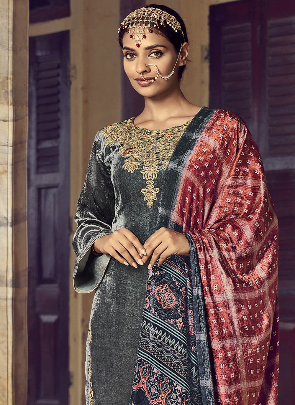 Straight Salwar Suit Velvet Grey Embroidered Salwar Kameez