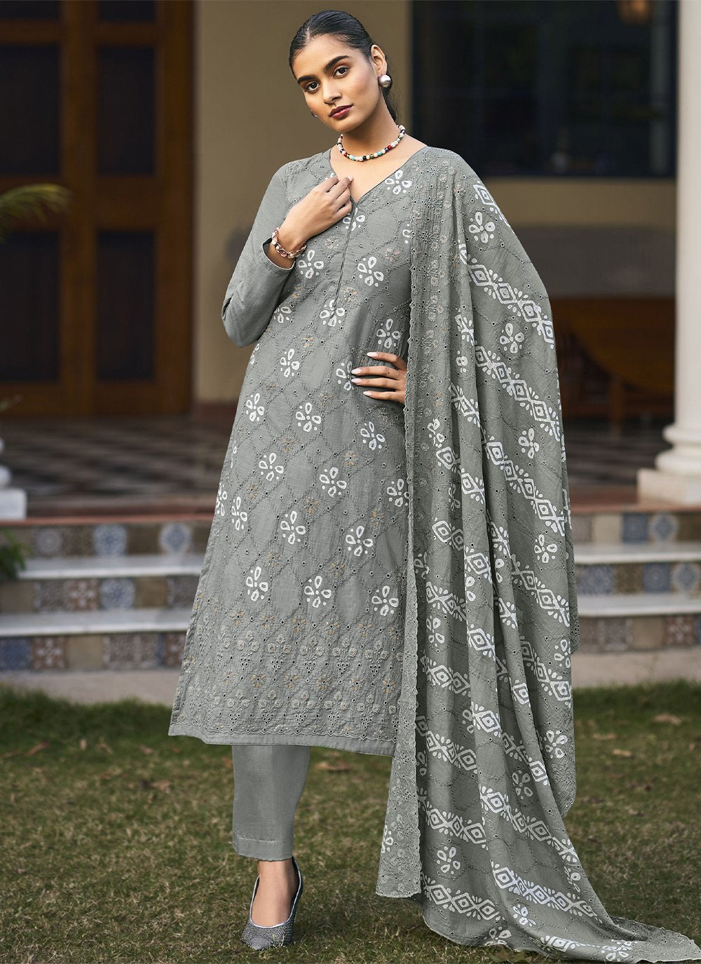 Straight Salwar Suit Cotton Grey Embroidered Salwar Kameez