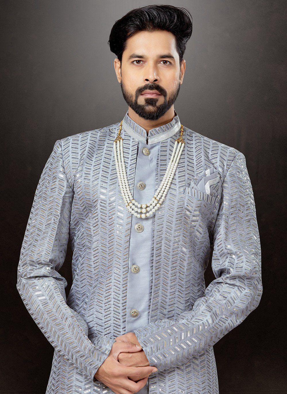 Indo Western Sherwani Jacquard Grey Embroidered Mens