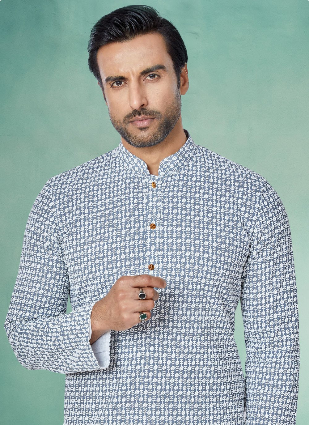 Kurta Pyjama Georgette Grey Embroidered Mens