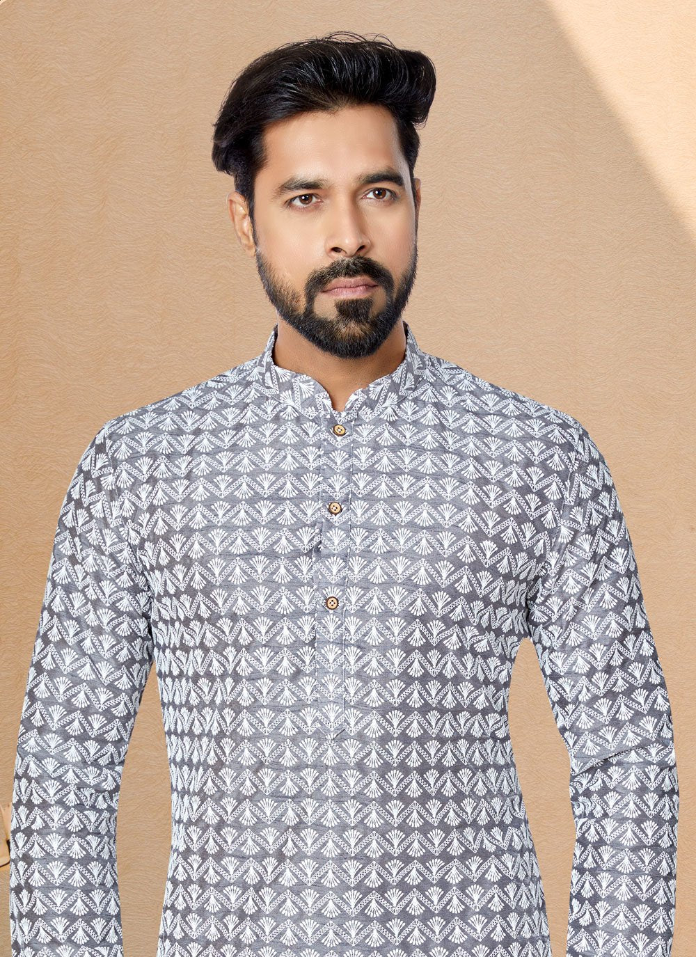 Kurta Pyjama Cotton Silk Grey Embroidered Mens