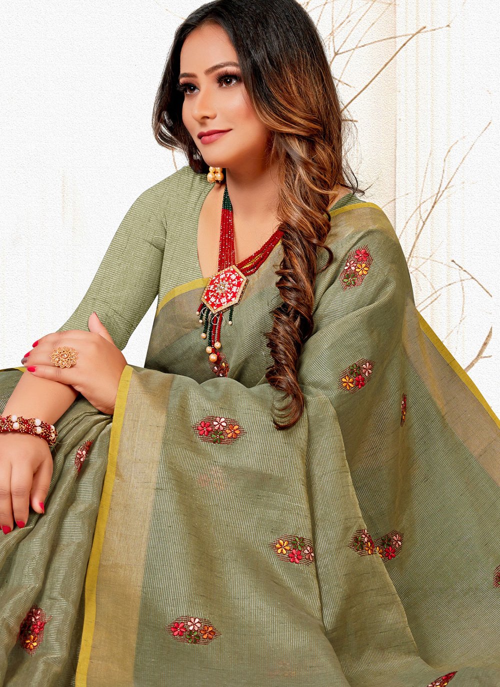 Contemporary Linen Tissue Grey Embroidered Saree