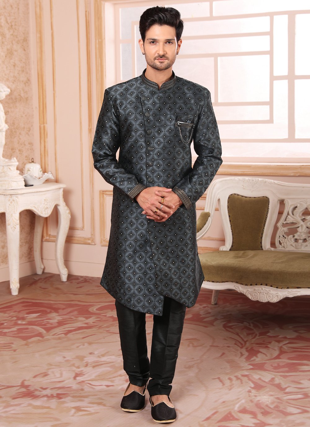 Indo Western Jacquard Grey Embroidered Mens