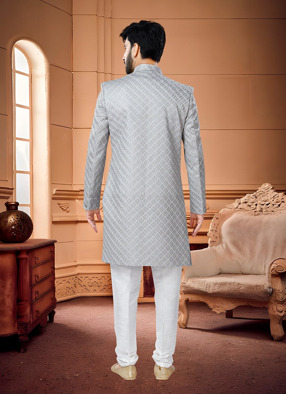 Indo Western Sherwani Silk Grey Embroidered Mens