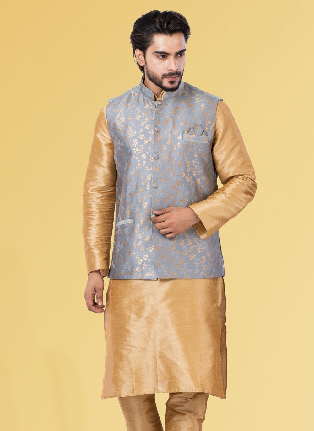 Nehru Jackets Jacquard Silk Grey Embroidered Mens