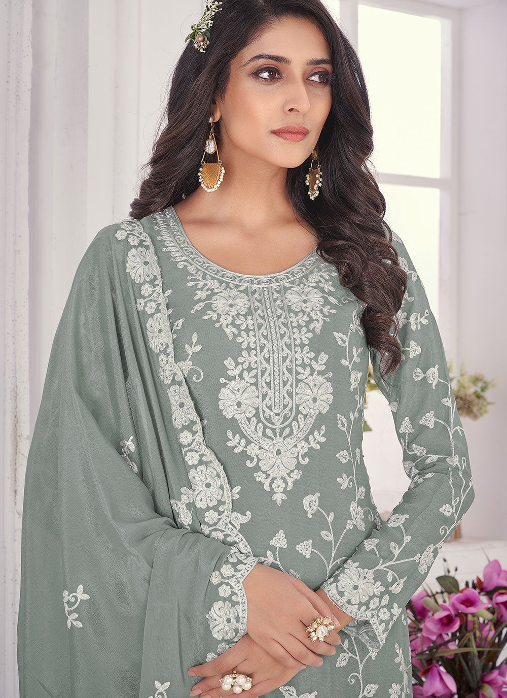 Pakistani Salwar Suit Chiffon Chinon Grey Embroidered Salwar Kameez