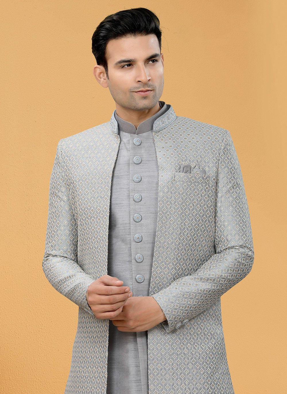 Indo Western Sherwani Art Silk Grey Hand Work Mens