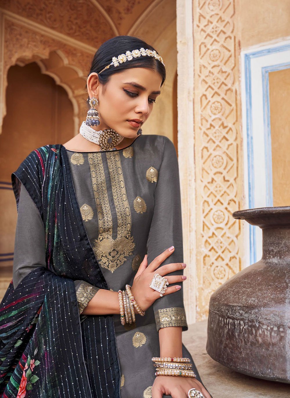 Palazzo Salwar Suit Jacquard Pure Dola Grey Diamond Salwar Kameez